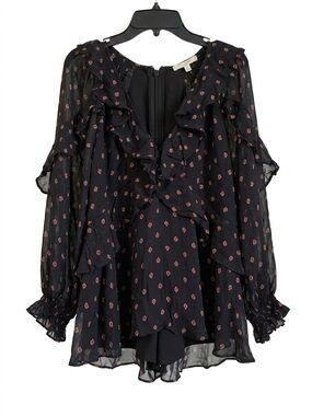 Thurley Designer Chiffon Ruffle Whimsygoth Black Red Print Long Puff Sleeve